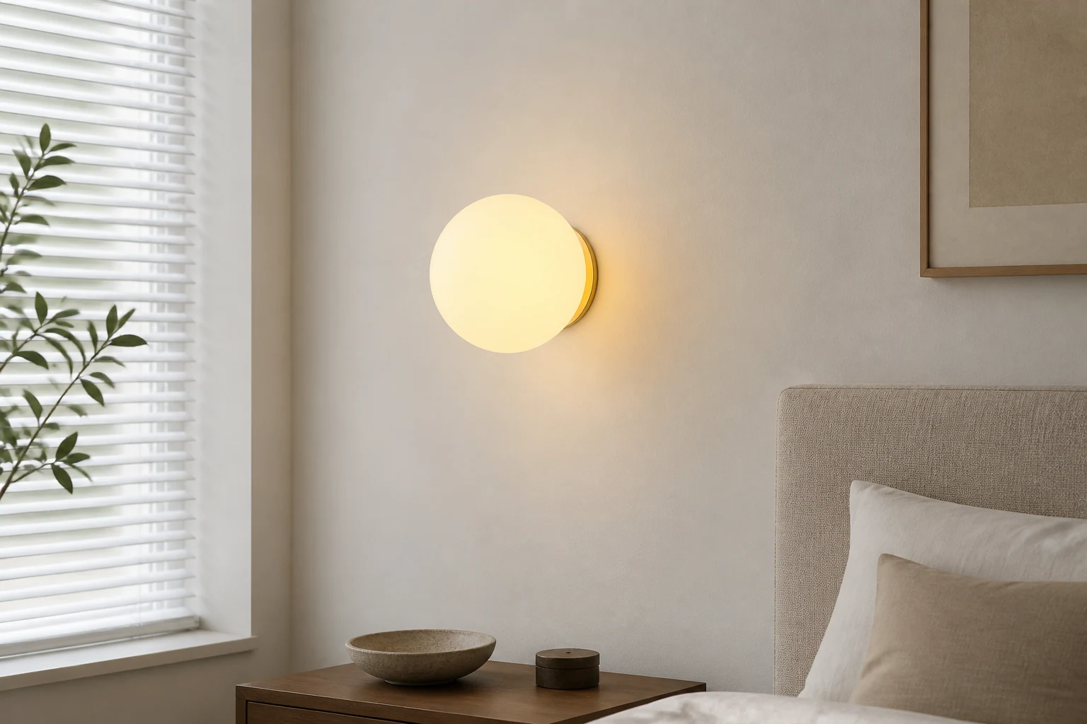 Minimalna lampa ścienna w kształcie kuli w scenie wnętrza lifestylowego
