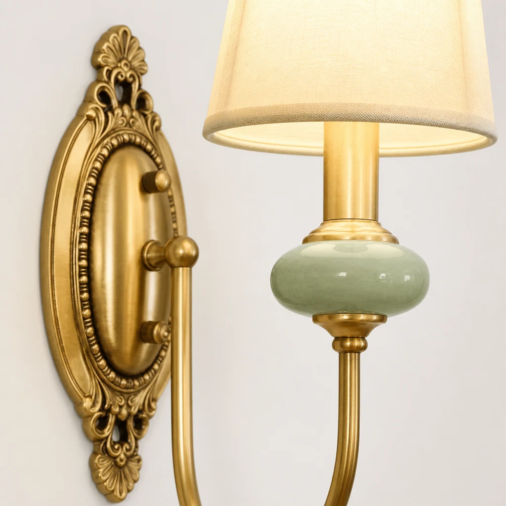 Close-up of Elaris wall sconce fabric shade and copper ceramic detailing