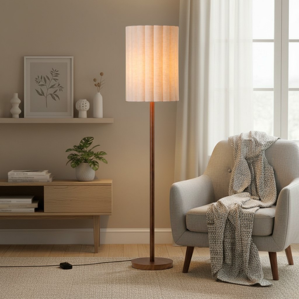 Linbron Walnut Wood Floor Lamp with Fluted Linen Shade - Modern Natural Home Decor T648
