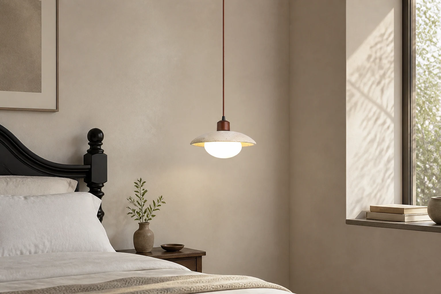 Lampa wisząca z trawertynu w kształcie dysku w scenie pokoju o spokojnym stylu życia