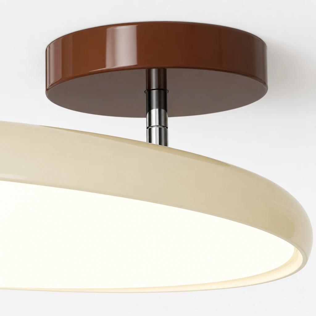 Nærbilde av den moderne justerbare skiveformede taklampen M367 med finish og skivekonstruksjon