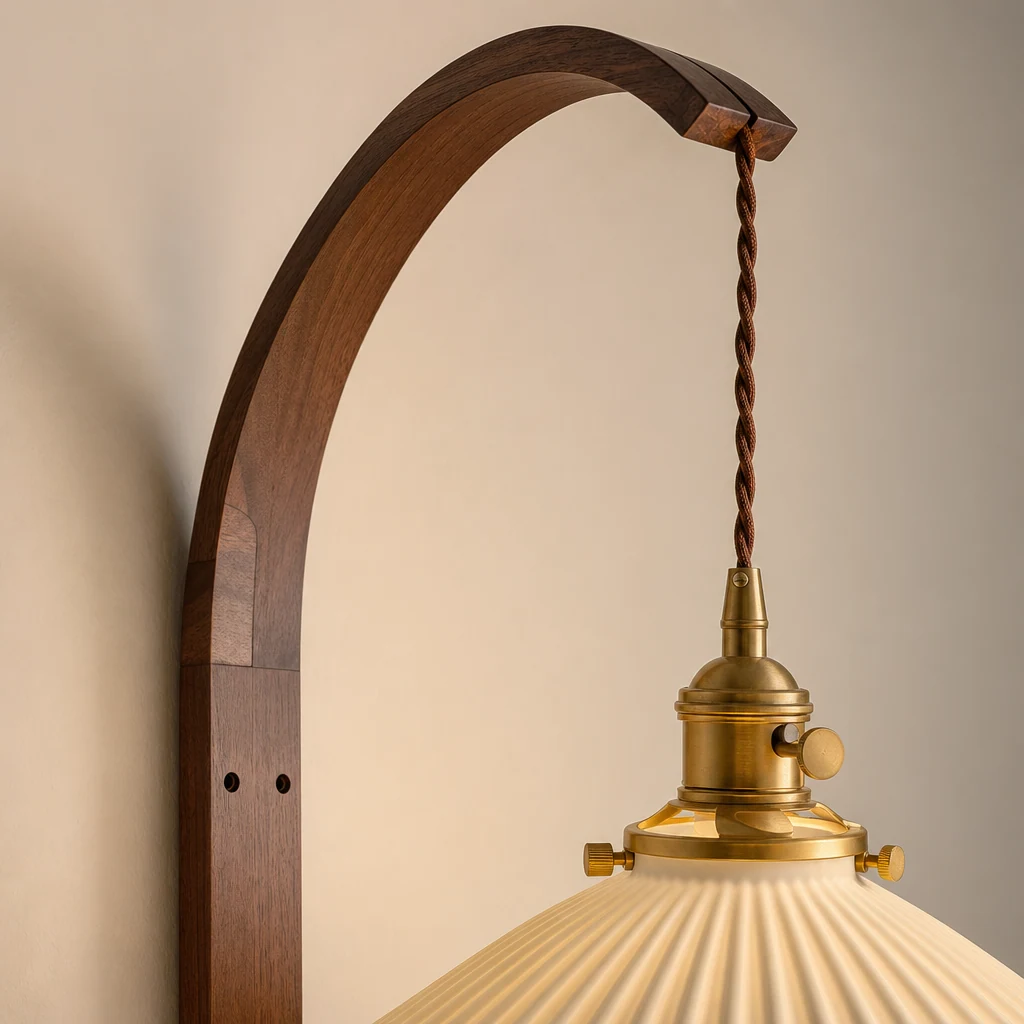 Zbliżenie na detale z orzecha, ceramiki i metalu na ceramicznej lampie ściennej Curved Walnut
