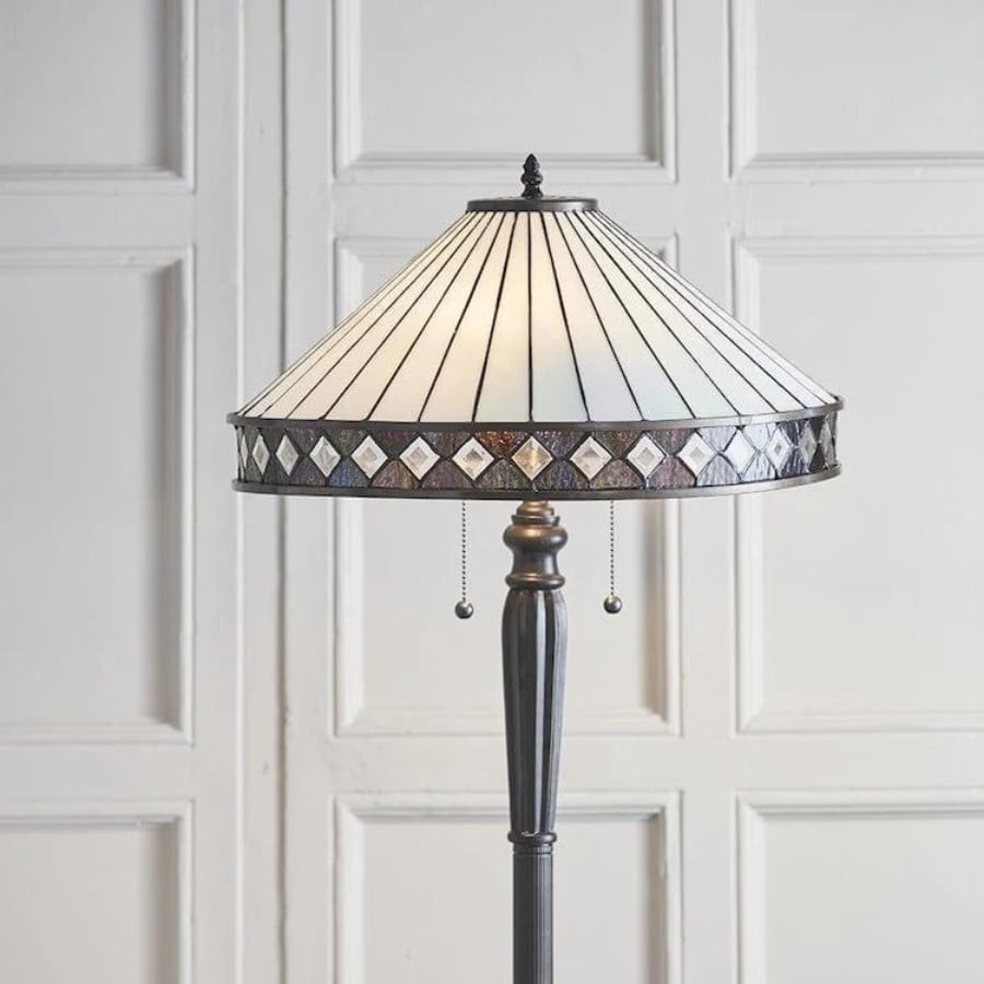 TF Fargo Geometric Tiffany Style Lamp - Amber and Cream Glass Accent Lighting for Bedroom or Study T643
