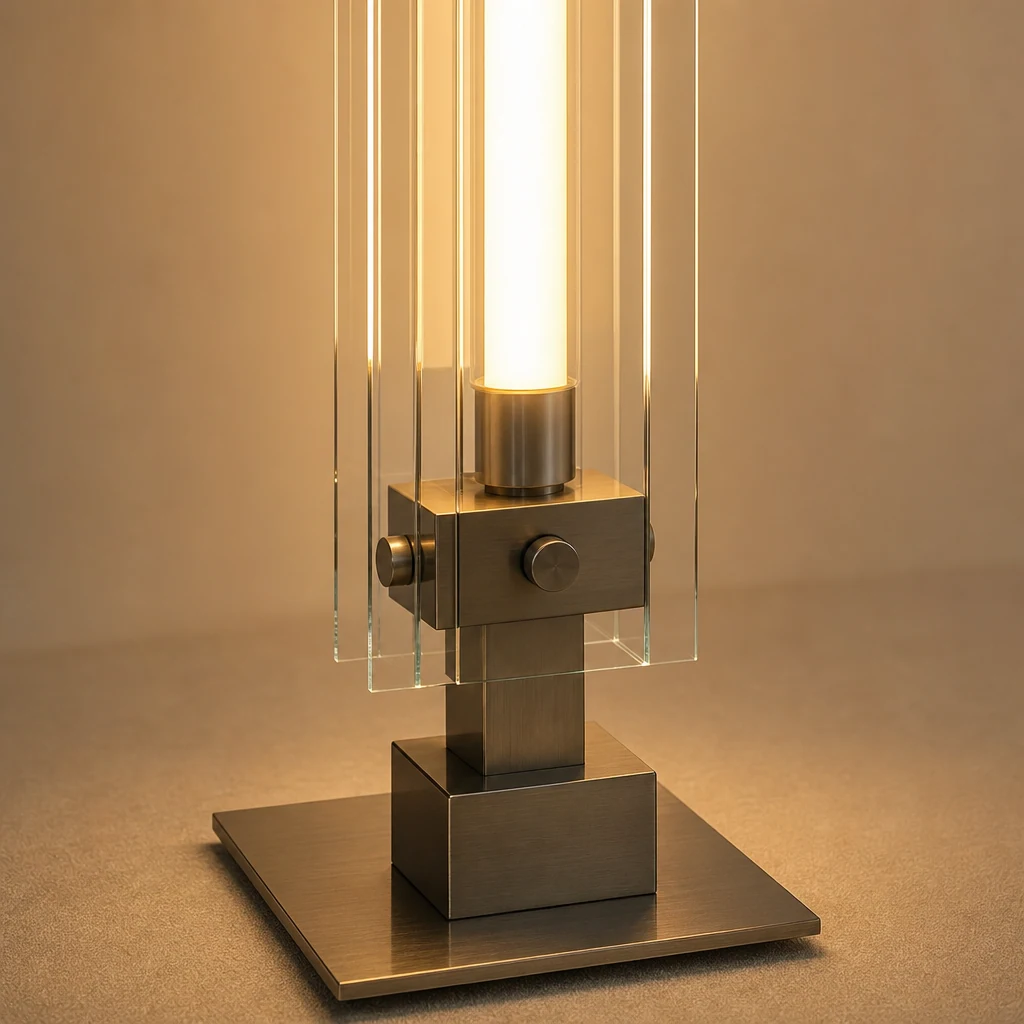 Zbliżenie szczegółów wykończenia ze szkła, akrylu i metalu lampy podłogowej S35