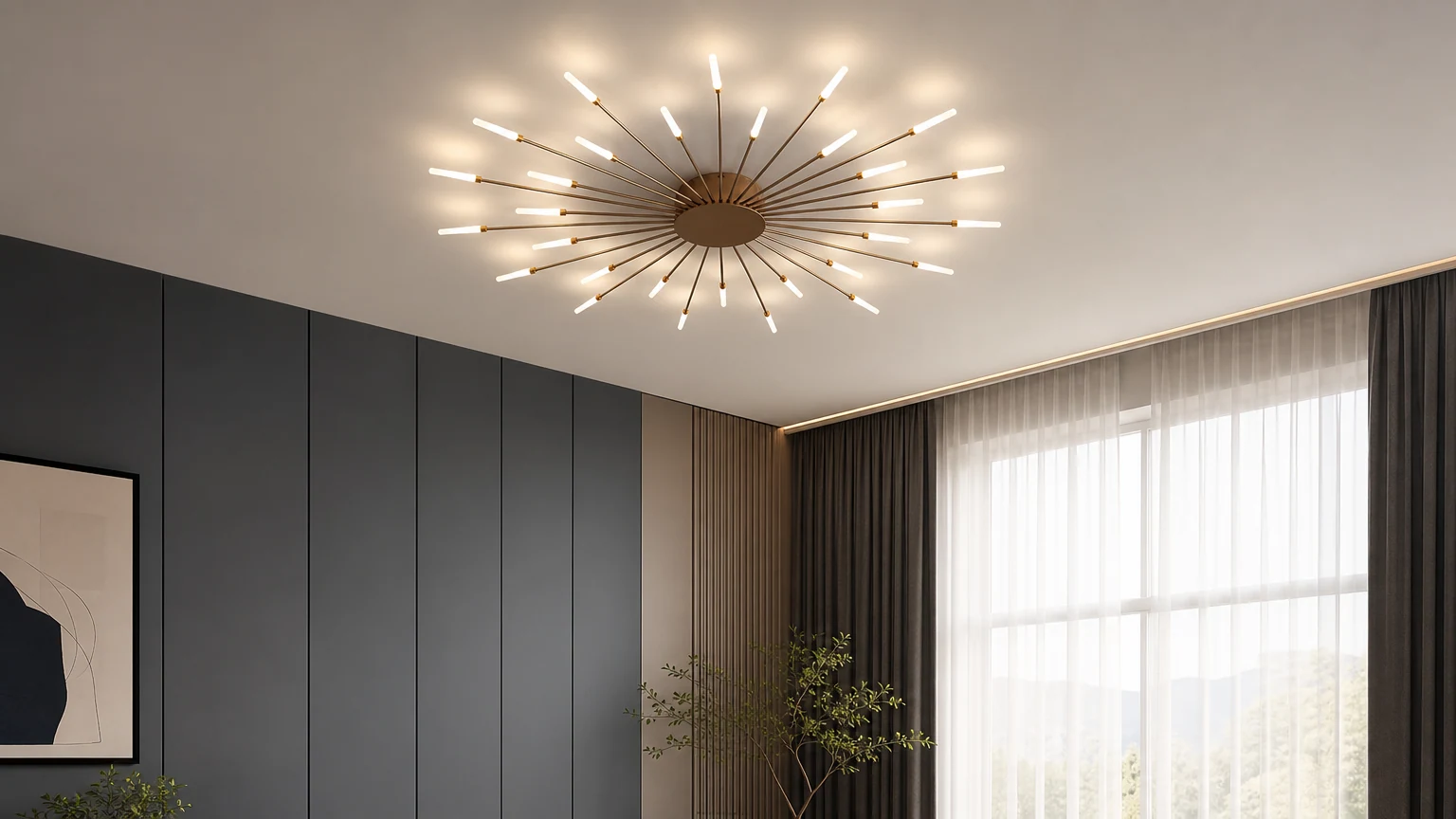 Wielogłowicowa wpuszczana lampa sufitowa LED Fireworks zamontowana w nowoczesnym pomieszczeniu