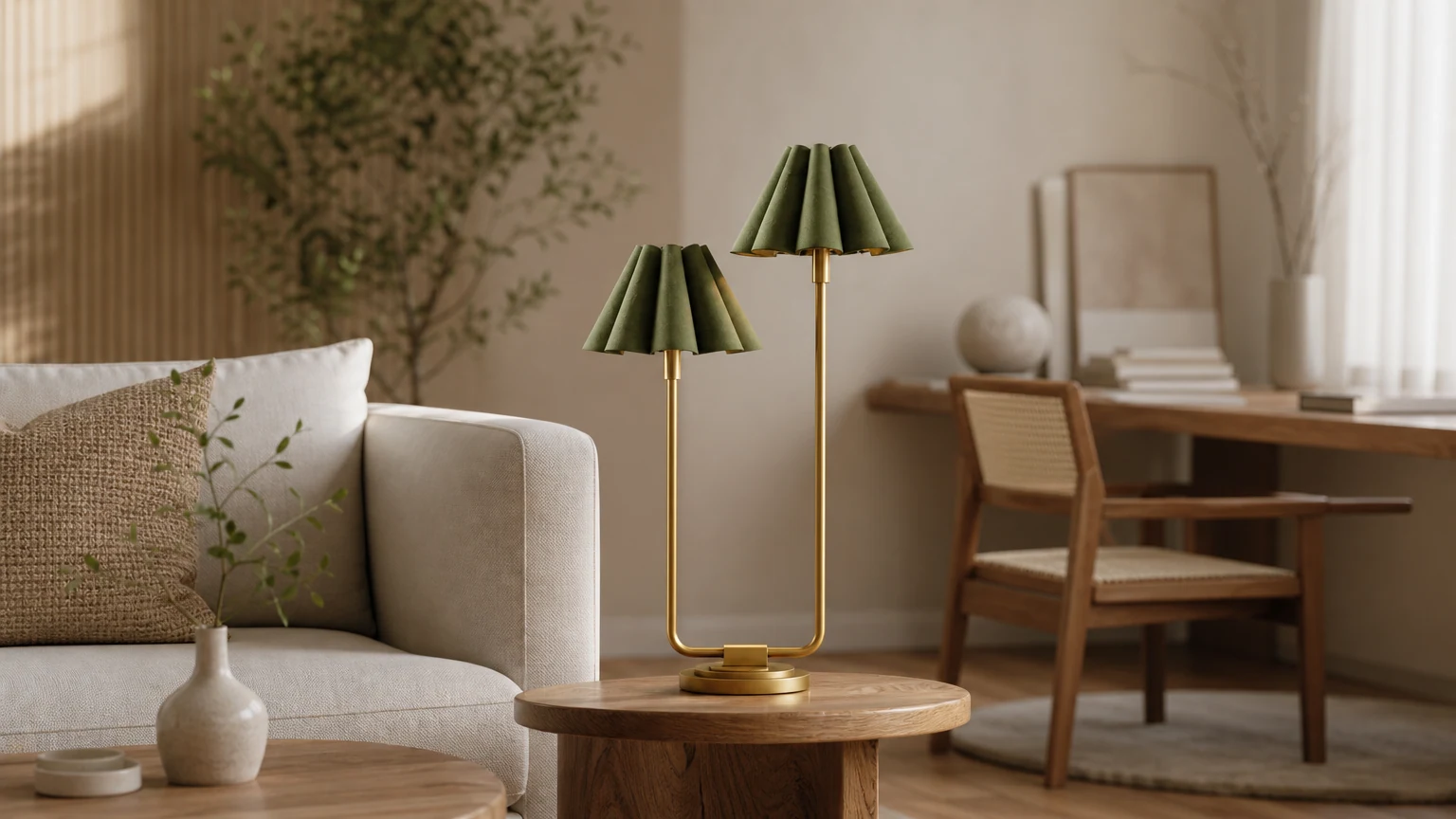 Lámpara de mesa minimalista verde Capirise en un ambiente de habitación moderno.