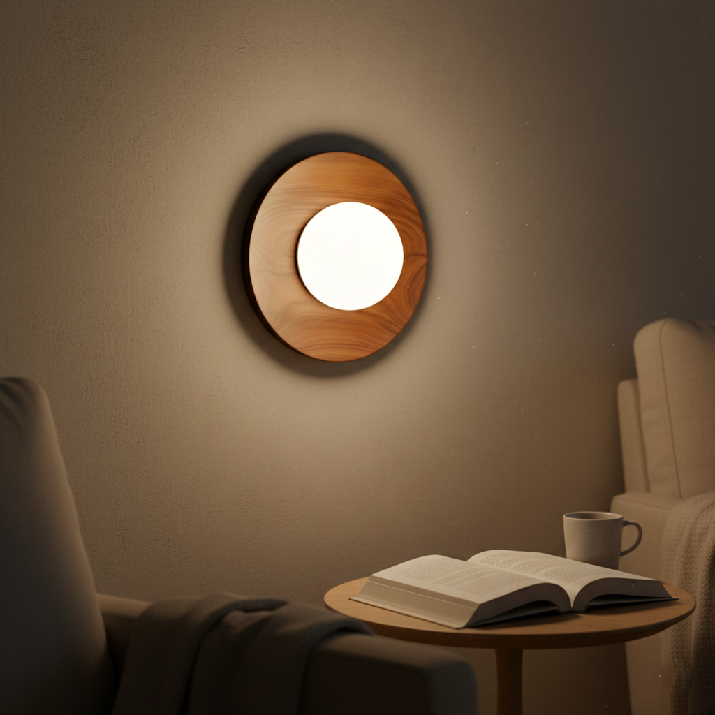 Lámpara de pared encendida en una acogedora escena de lectura junto a la cama.
