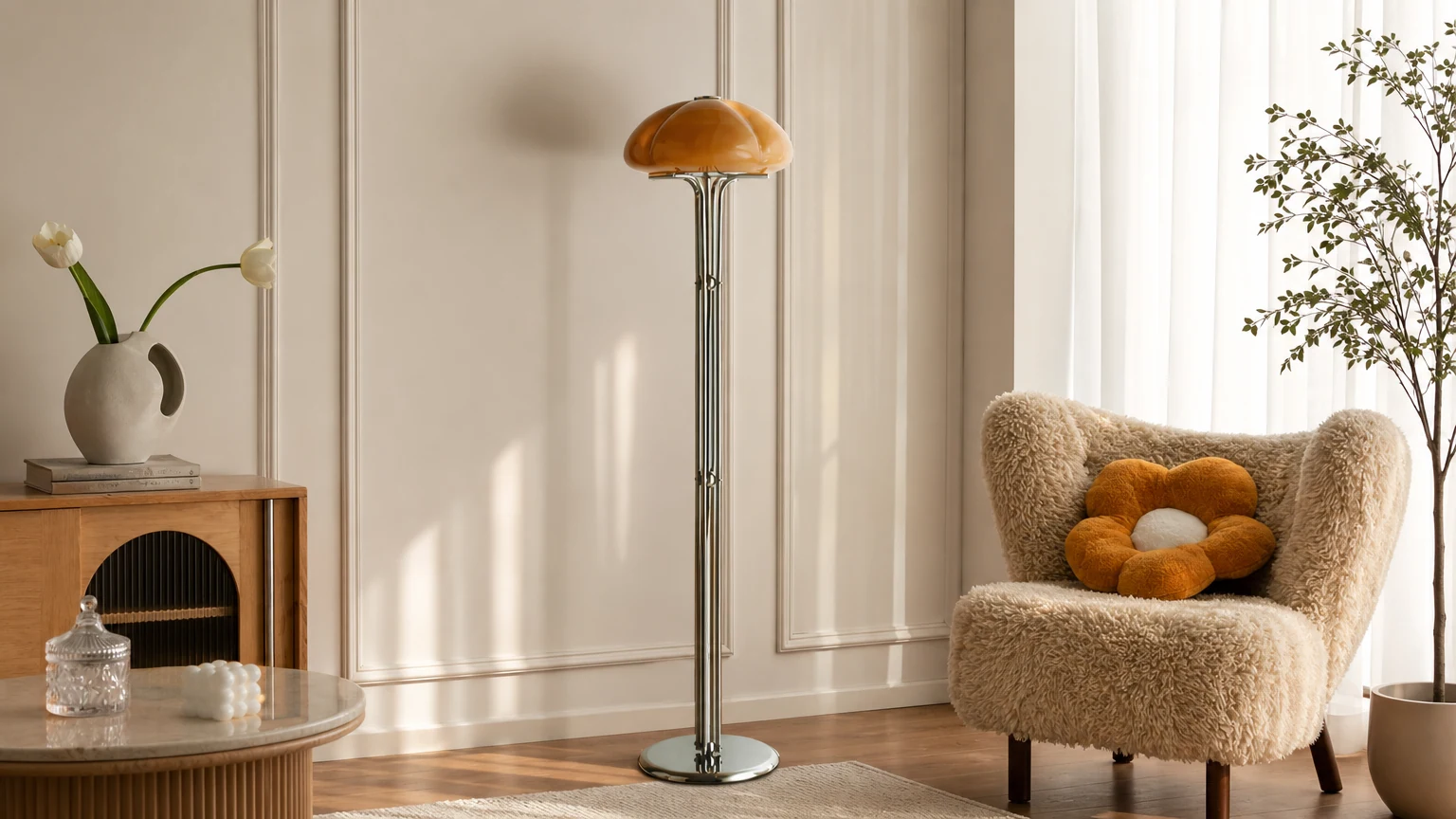 Szklana lampa podłogowa Pumpkin M278 w ciepłej scenerii wnętrza