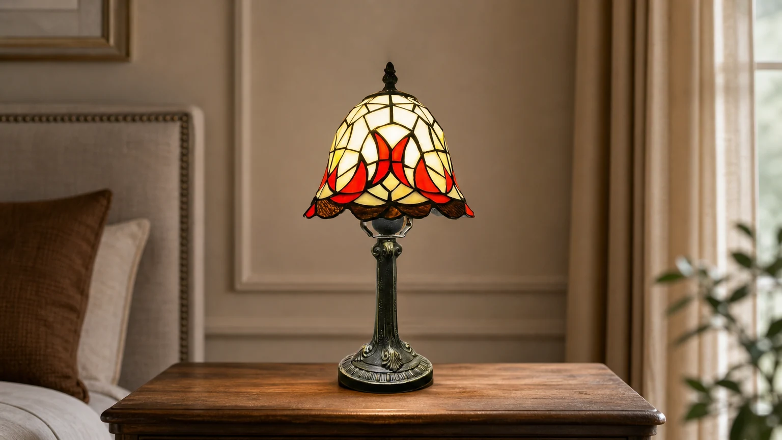 Lampada da tavolo Tiffany Virelle dai colori vivaci in una calda camera da letto.