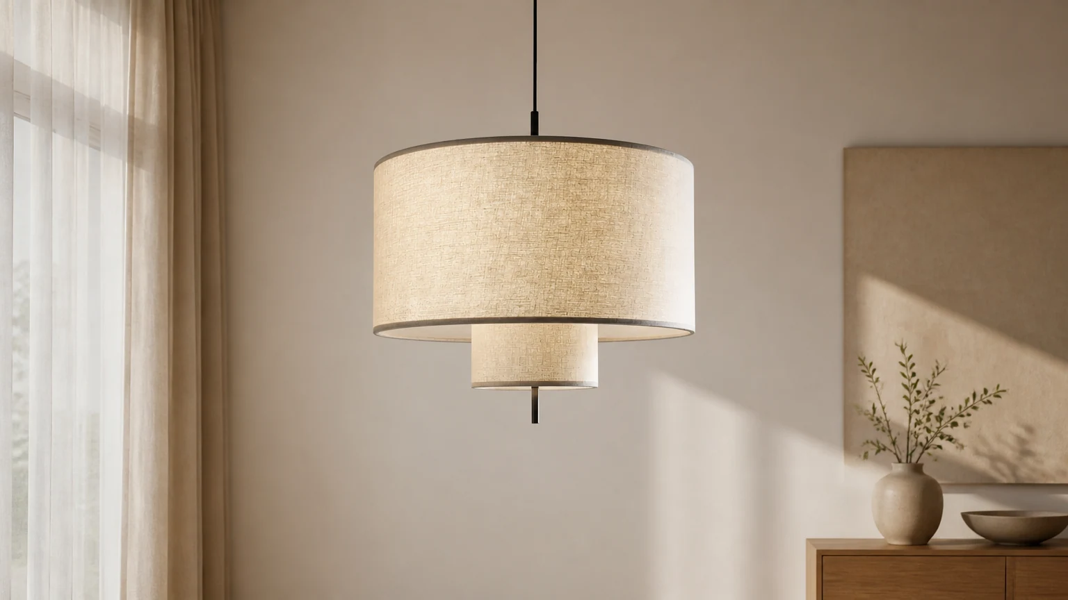 Nordic liniowa, warstwowa lampa wisząca M52 w jasnej scenie pomieszczenia