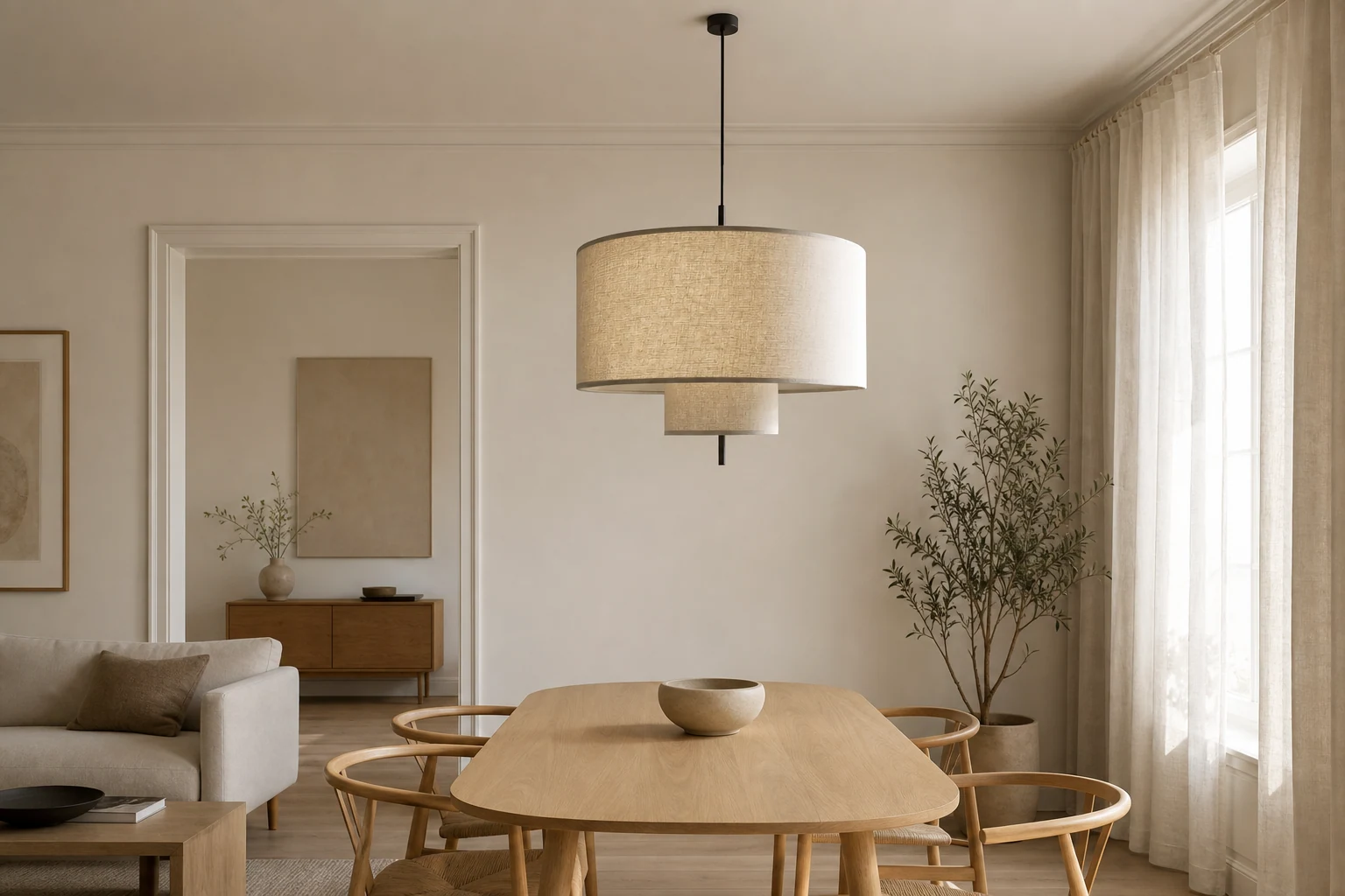 Scena w stylu lifestylowym z nordycką, liniową, warstwową lampą wiszącą M52