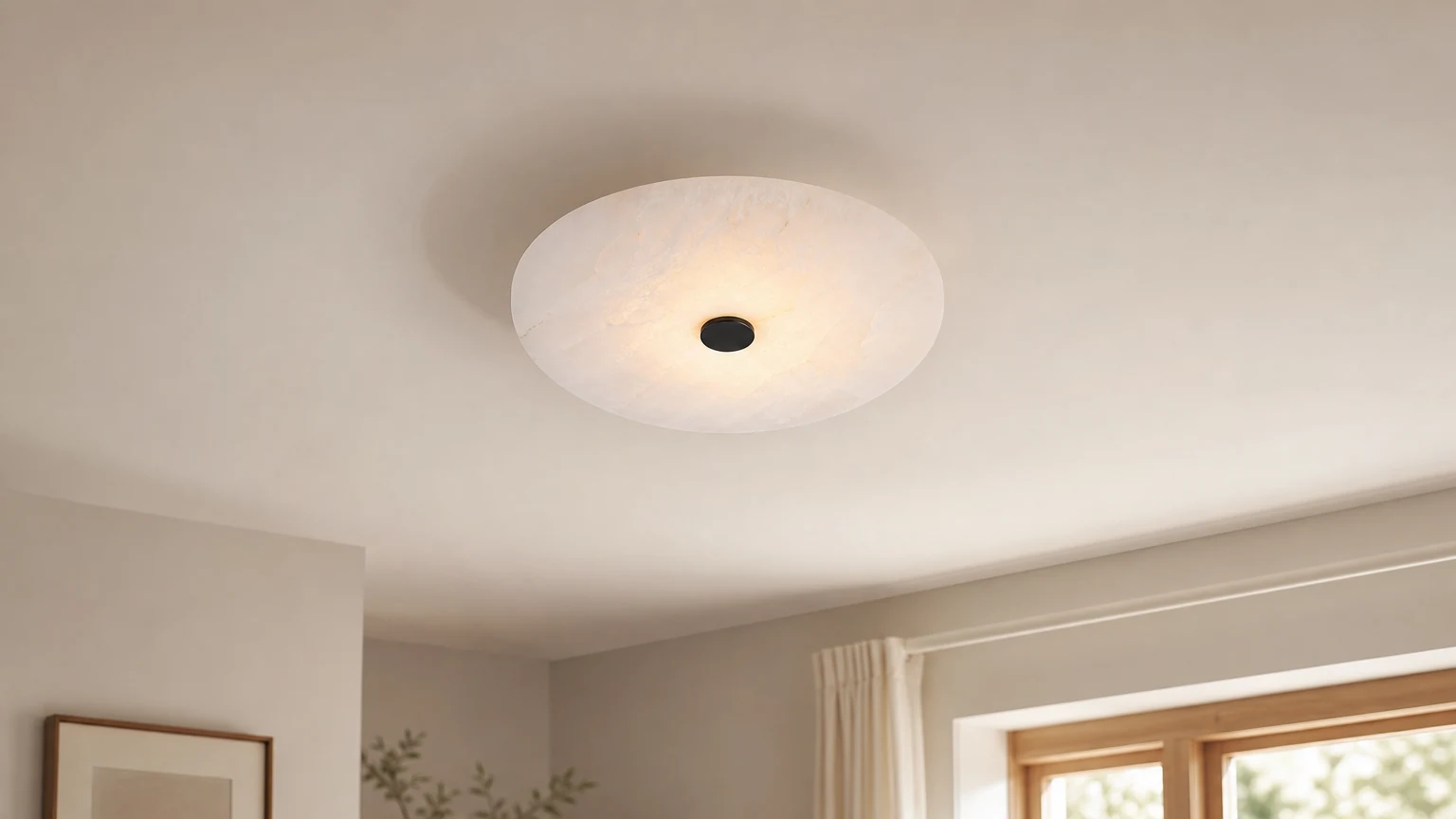 Lampa sufitowa Ankeny Alabaster D650 w ciepłej scenerii wnętrza