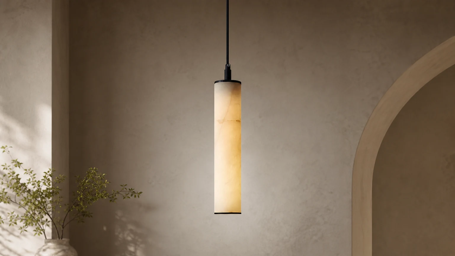 Lampa wisząca Calder Alabaster Tube D347 w ciepłej scenerii wnętrza