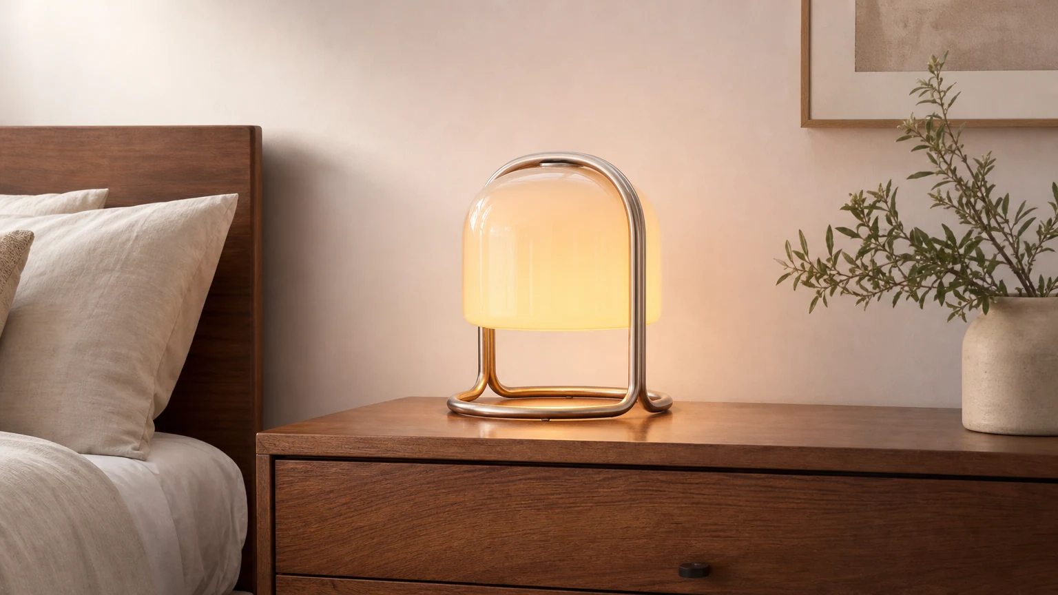 Lampa stołowa Delvora Champagne Bronze w ciepłej scenie przy łóżku