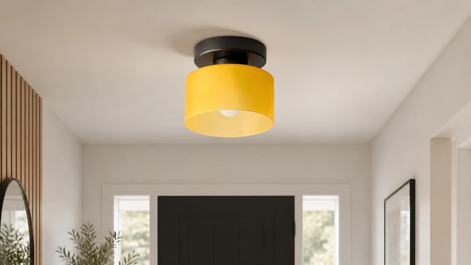 Cylindryczna lampa sufitowa Moriglaze w kolorze musztardowo-żółtym w nowoczesnym wnętrzu