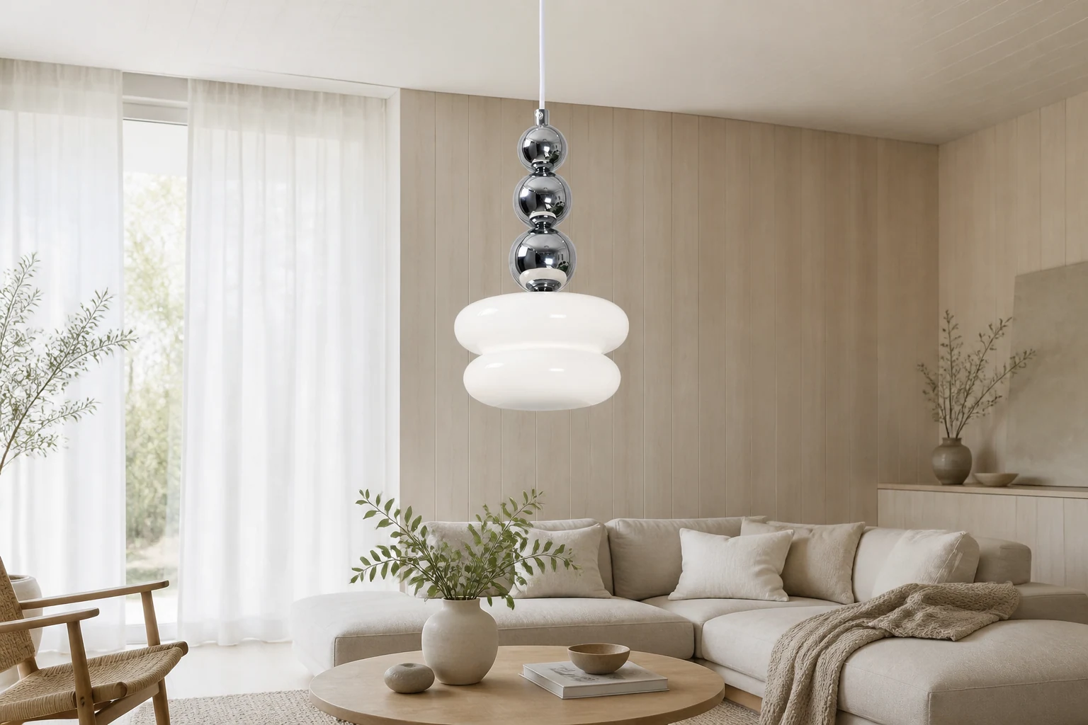 Lampa wisząca ze szklaną kulą w ciepłym wnętrzu