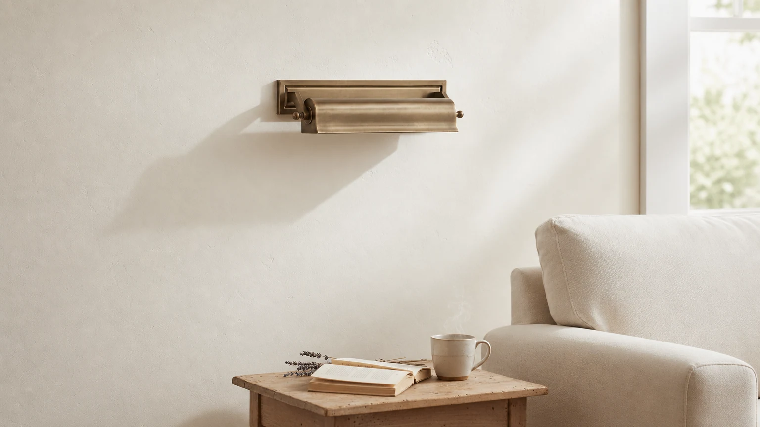 Libris to lampa obrazowa zamontowana nad grafiką ścienną w ciepłym wnętrzu