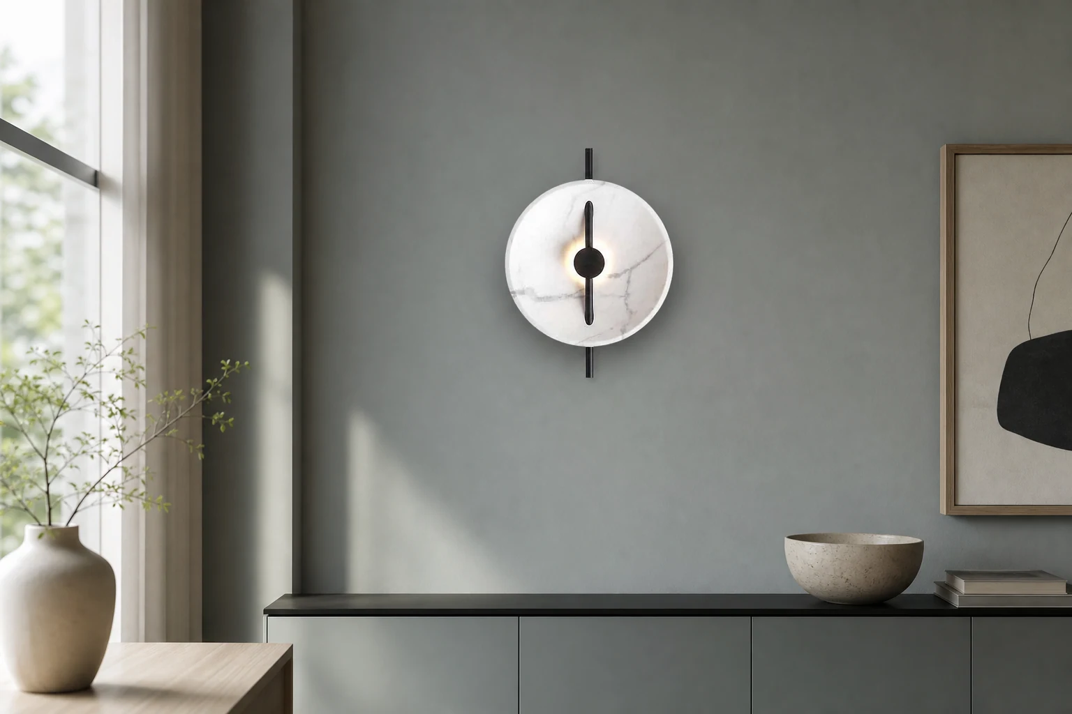 Escena de estilo de vida que muestra la lámpara de pared redonda nórdica de resina en un contexto de habitación.