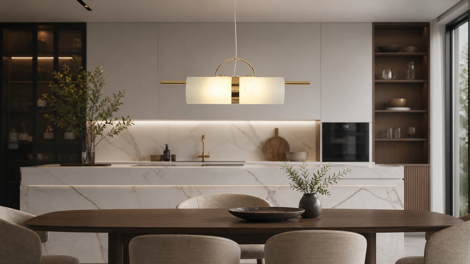 Mini cylindryczna alabastrowa lampa wisząca D421 zainstalowana w scenie pomieszczenia