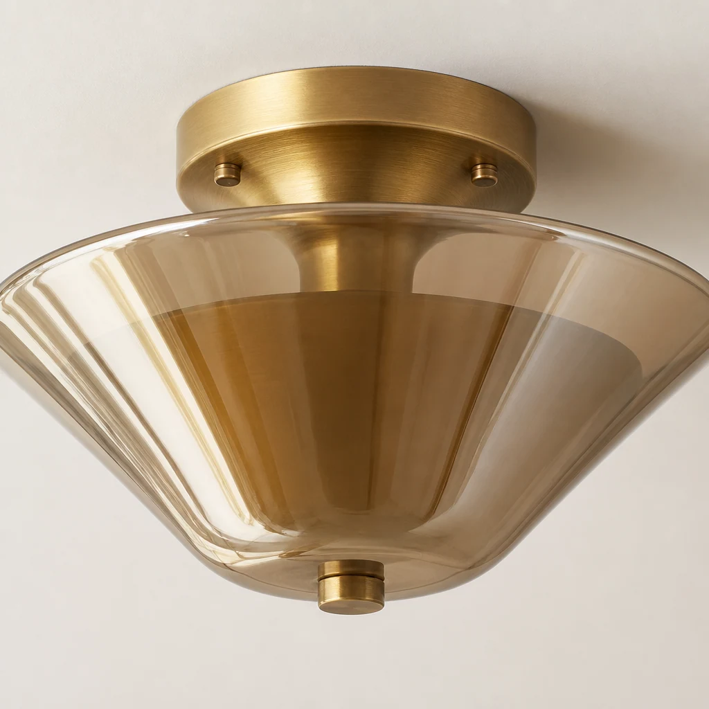 Detailaufnahme des Bellina-Glasschirms und der Messingoberfläche der Deckenleuchte.