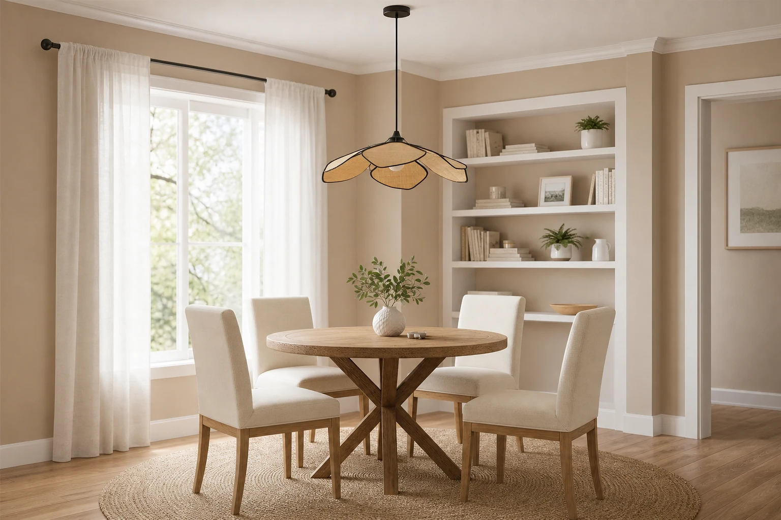 Lampa wisząca z płatków rafii D251 w scenie lifestylowej
