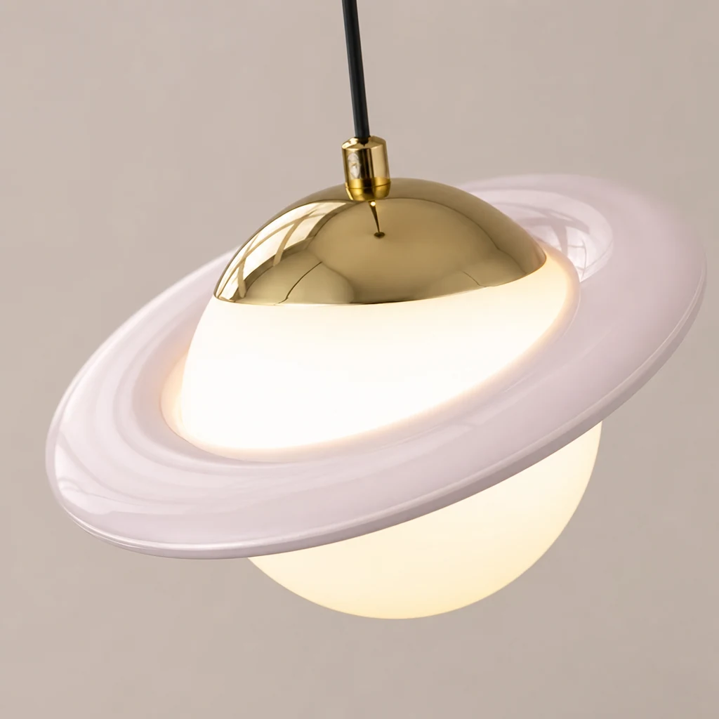 Zbliżenie na obręcz lampy wiszącej Saturn Planet, klosz w kształcie kuli i wykończenie