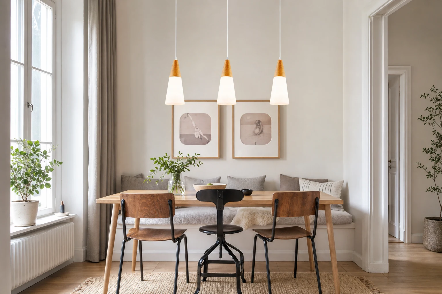 Skandynawska lampa wisząca STASSIS zainstalowana we wnętrzu lifestylowym