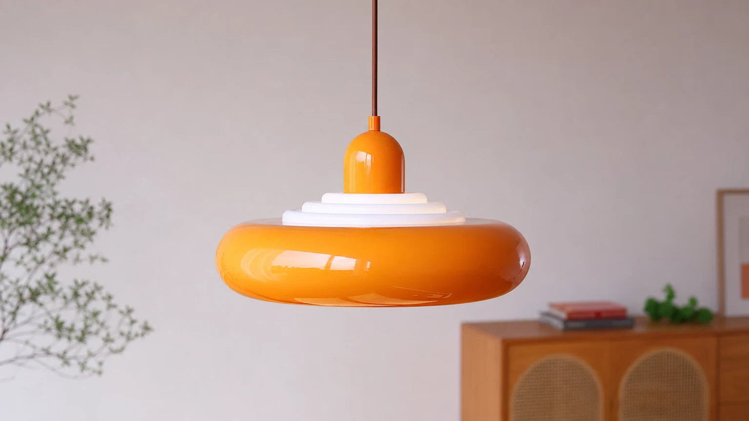 Nowoczesna lampa wisząca Bauhaus Macaron Bowl Shade M312 w poziomej scenie wnętrza