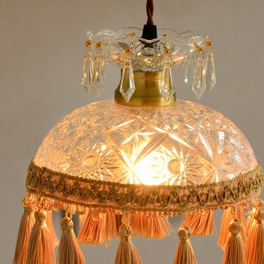 Zbliżenie na szkło i wykończenie lampy wiszącej Bowl Tassel