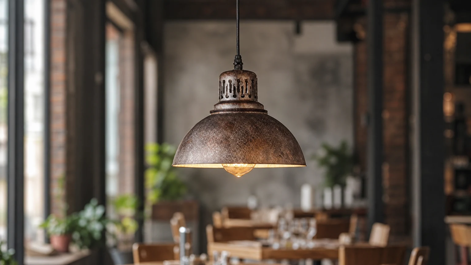 Industrielle Eisen-Pendelleuchte in einem industriellen Interieur installiert
