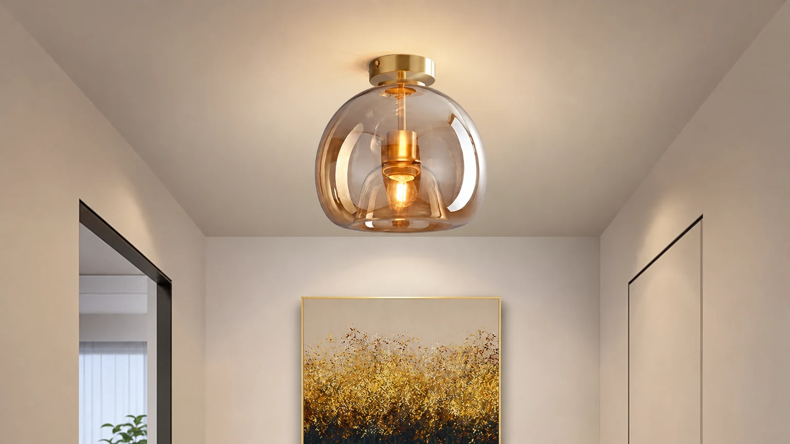Lampa sufitowa Retro Bubble M104 z wklęsłym szkłem zainstalowana w ciepłym korytarzu
