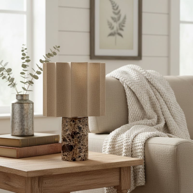 Cavilon Table Lamp with Fan-Shaped Linen Shade - Stone Finishes Suitable for Living Rooms T476