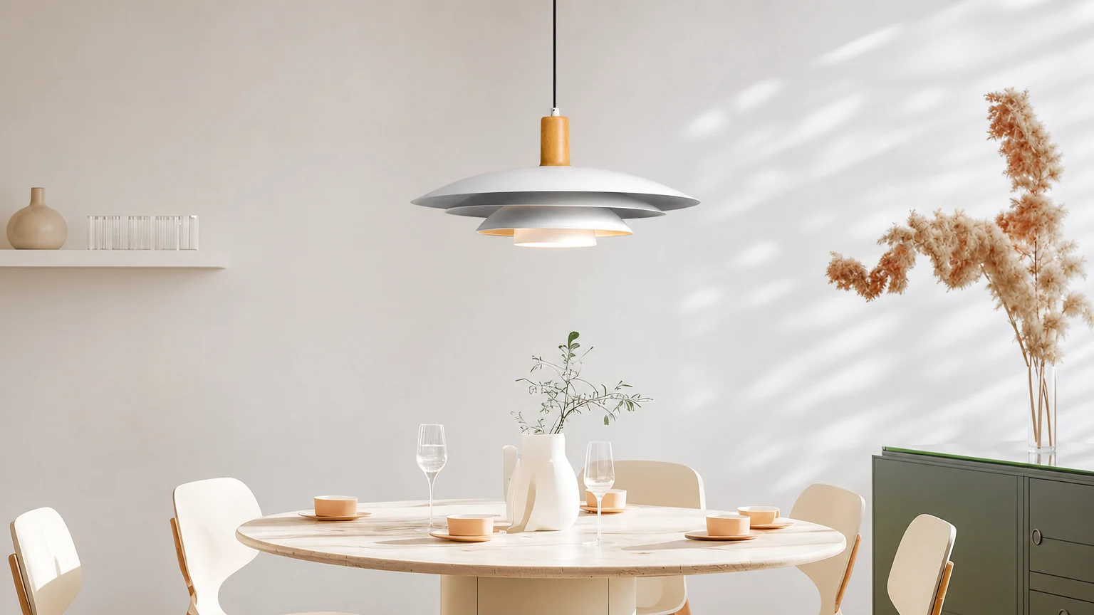 Lampa wisząca Stratalite D154 w ciepłej atmosferze jadalni