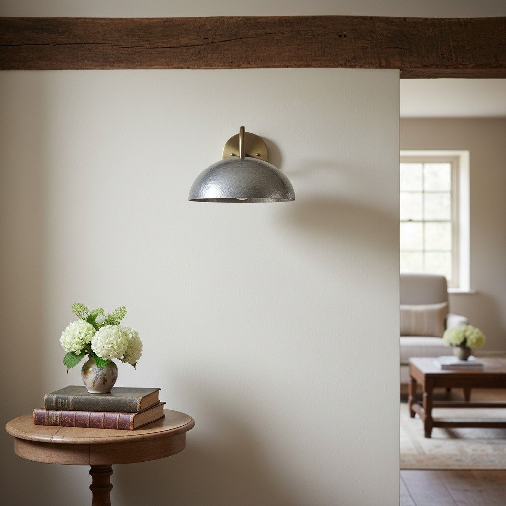 Curva Metal Industrial Wall Sconce - Curved Brass Arm - Hammered Dome Light Fixture T408