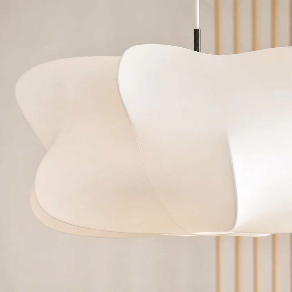 Zbliżenie na klosz i wykończenie lampy wiszącej Elysia