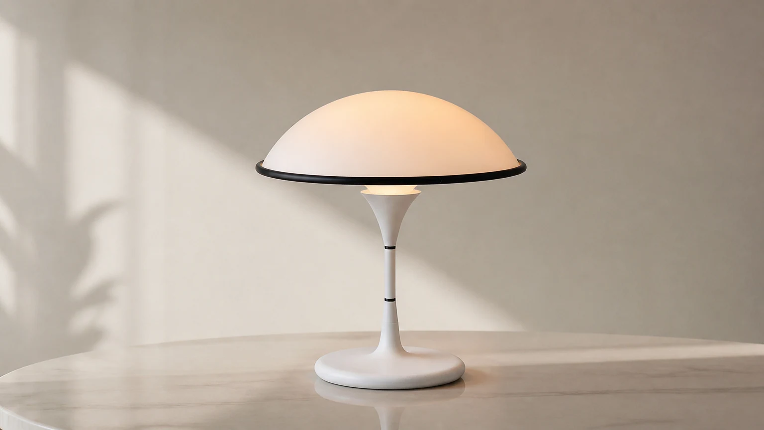 Duńska lampa stołowa latający spodek w stylu retro w kolorze białym M378 w poziomej scenie pomieszczenia