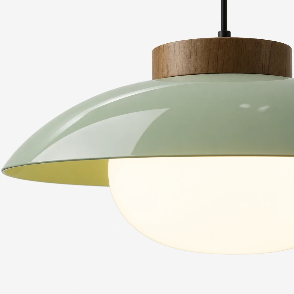 Zbliżenie na abażur lampy wiszącej Oribela i akcent z drewna