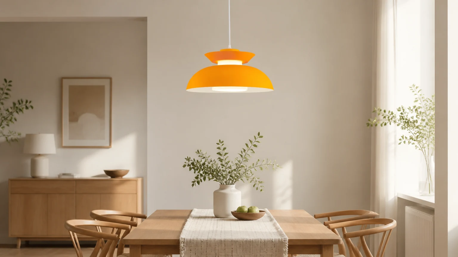 Lampa wisząca z latającym spodkiem Nordic Macaron S48 w ciepłej scenerii jadalni