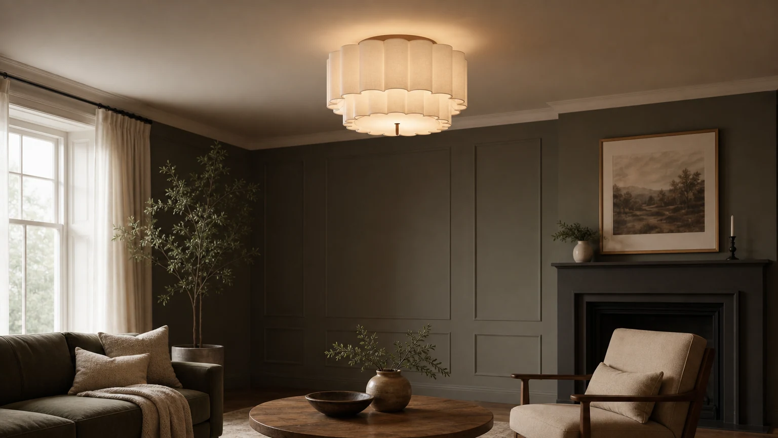 Lampa wisząca Linbron z lnianą muszlą, zainstalowana w ciepłym pomieszczeniu