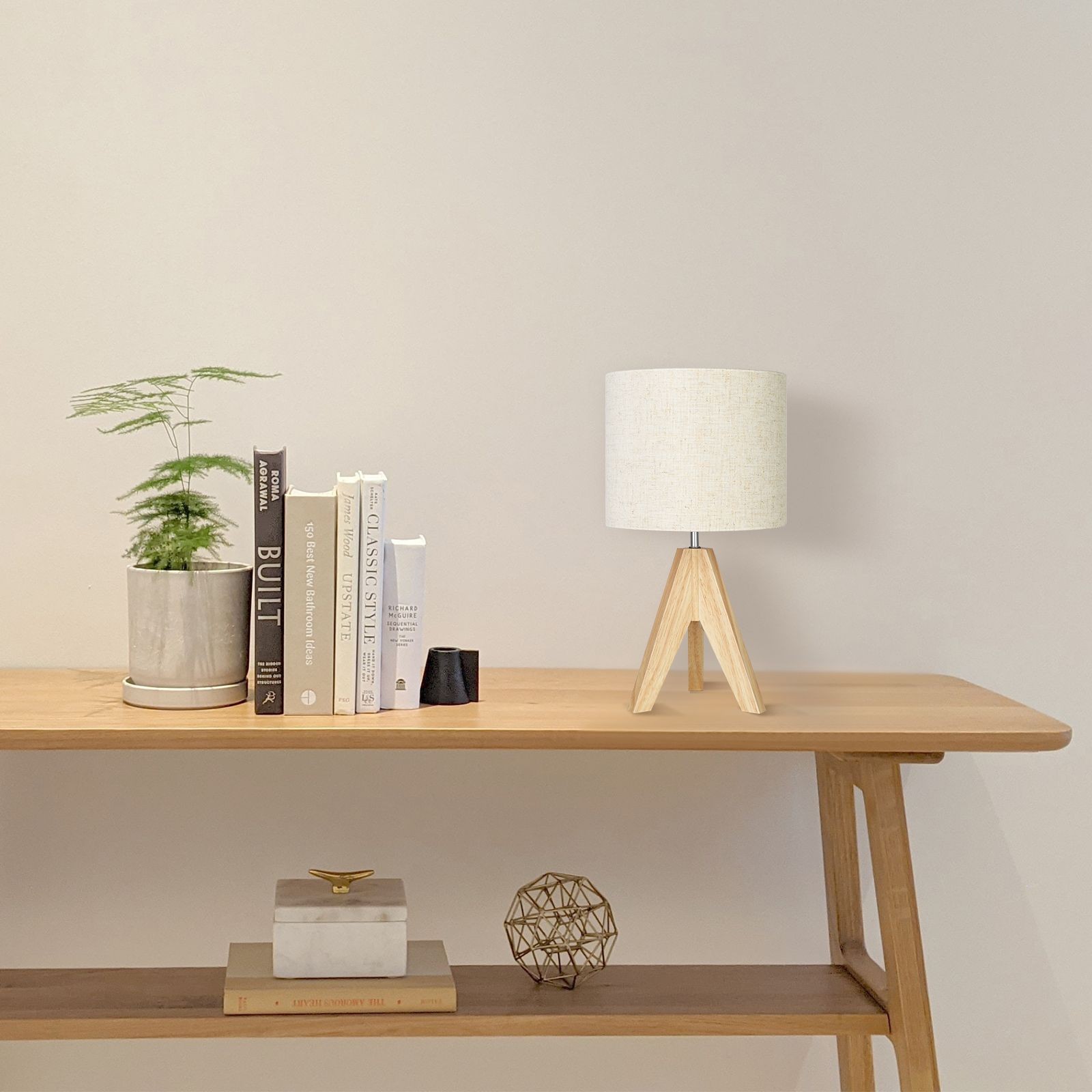 Wood Tripod Bedside Table Lamp With Grey Linen Lampshade S70