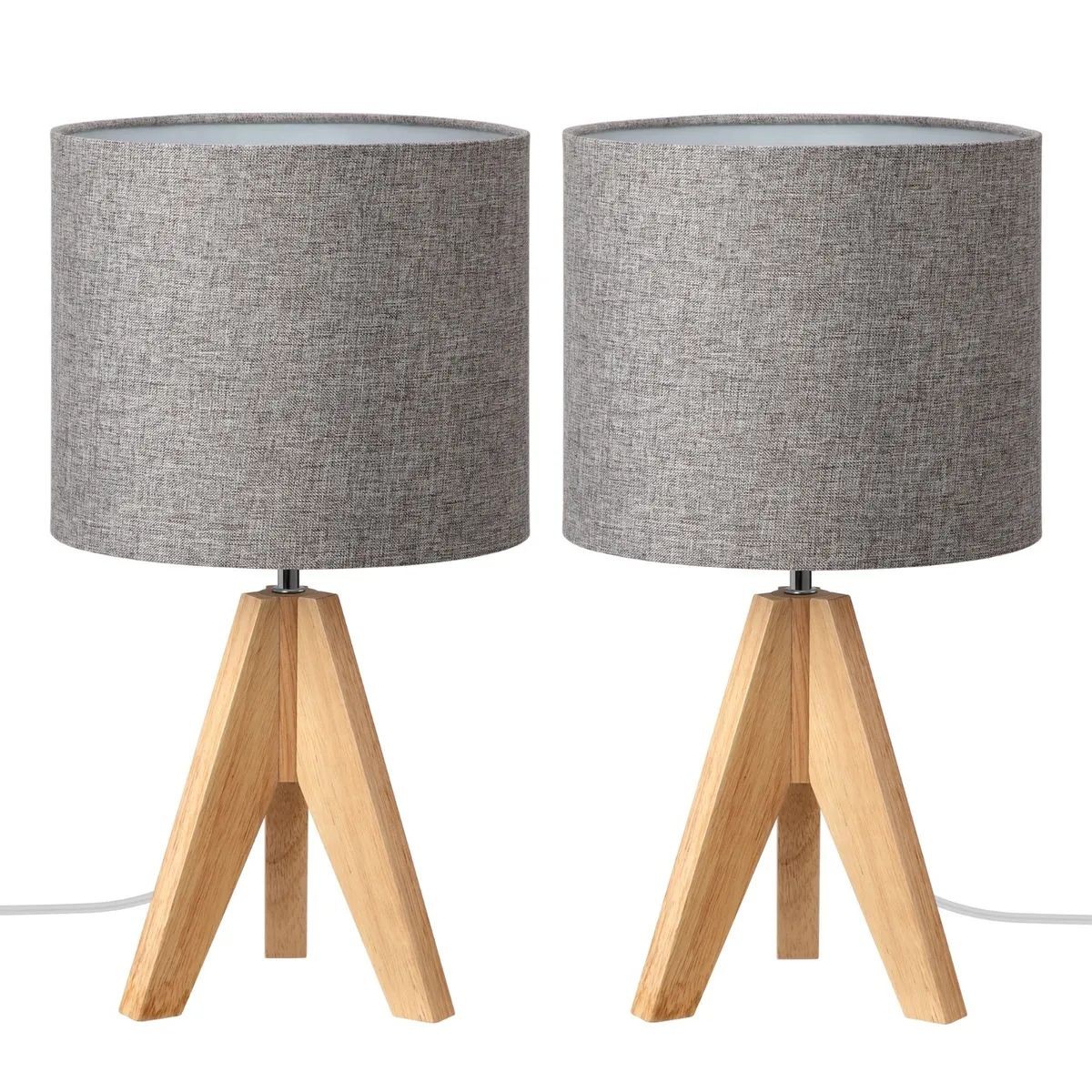 Wood Tripod Bedside Table Lamp With Grey Linen Lampshade S70