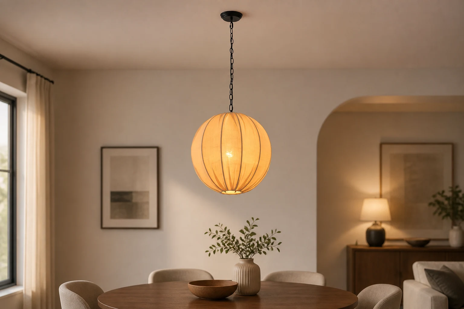 Lampa wisząca Kenroy D550, scena lifestylowa z widocznym pełnym wisiorem