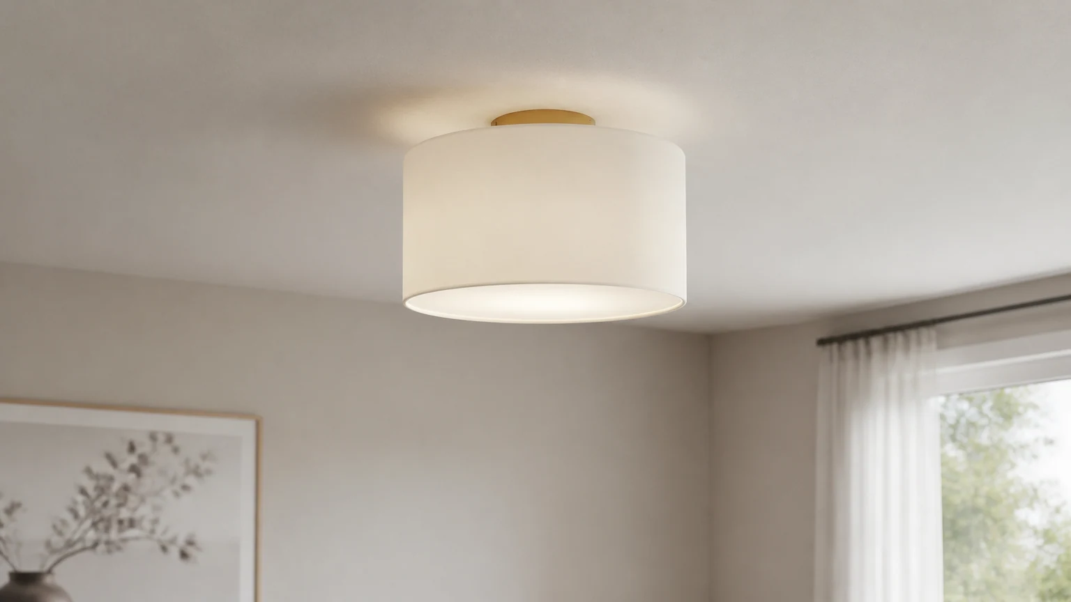 Lámpara de techo Jelvane con pantalla cilíndrica de lino T078 en un ambiente interior cálido.