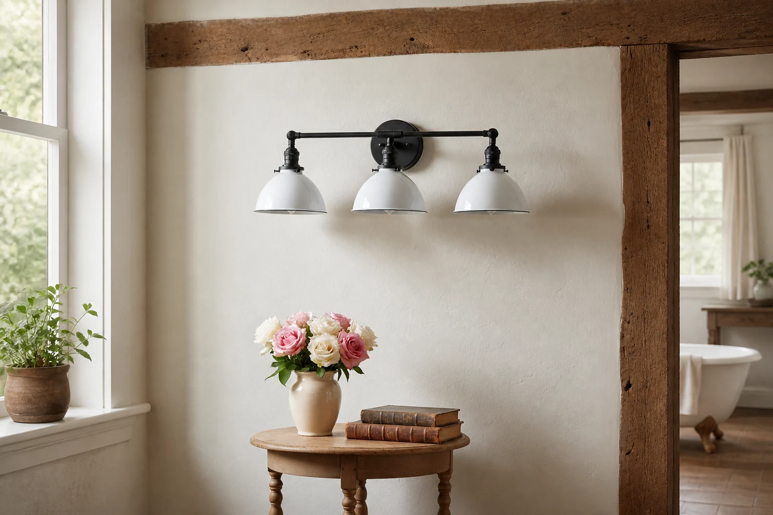 Lampa umywalkowa Conique w ciepłym wnętrzu wiejskiego domu