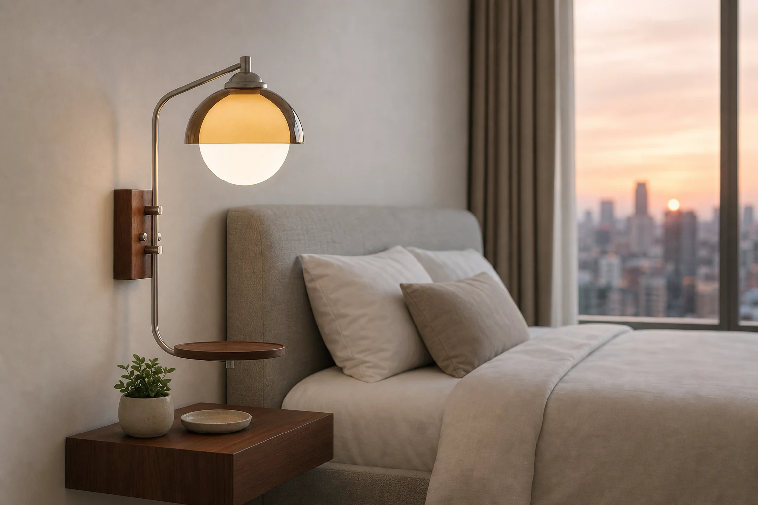 Lifestylowa scena ścienna z lampą ścienną Afterglow o zachodzie słońca