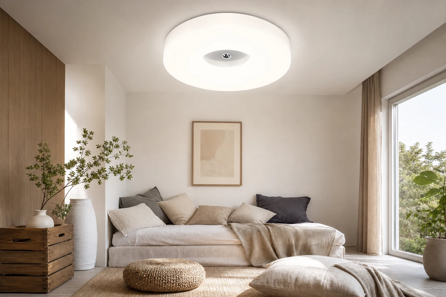 Livsstilsscen som visar LITHONIA LED-taklampa med dubbla ringar i sitt sammanhang
