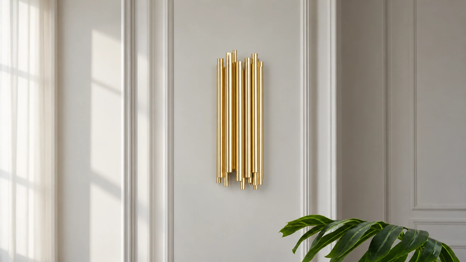 Applique murale en aluminium doré installée dans un intérieur chaleureux
