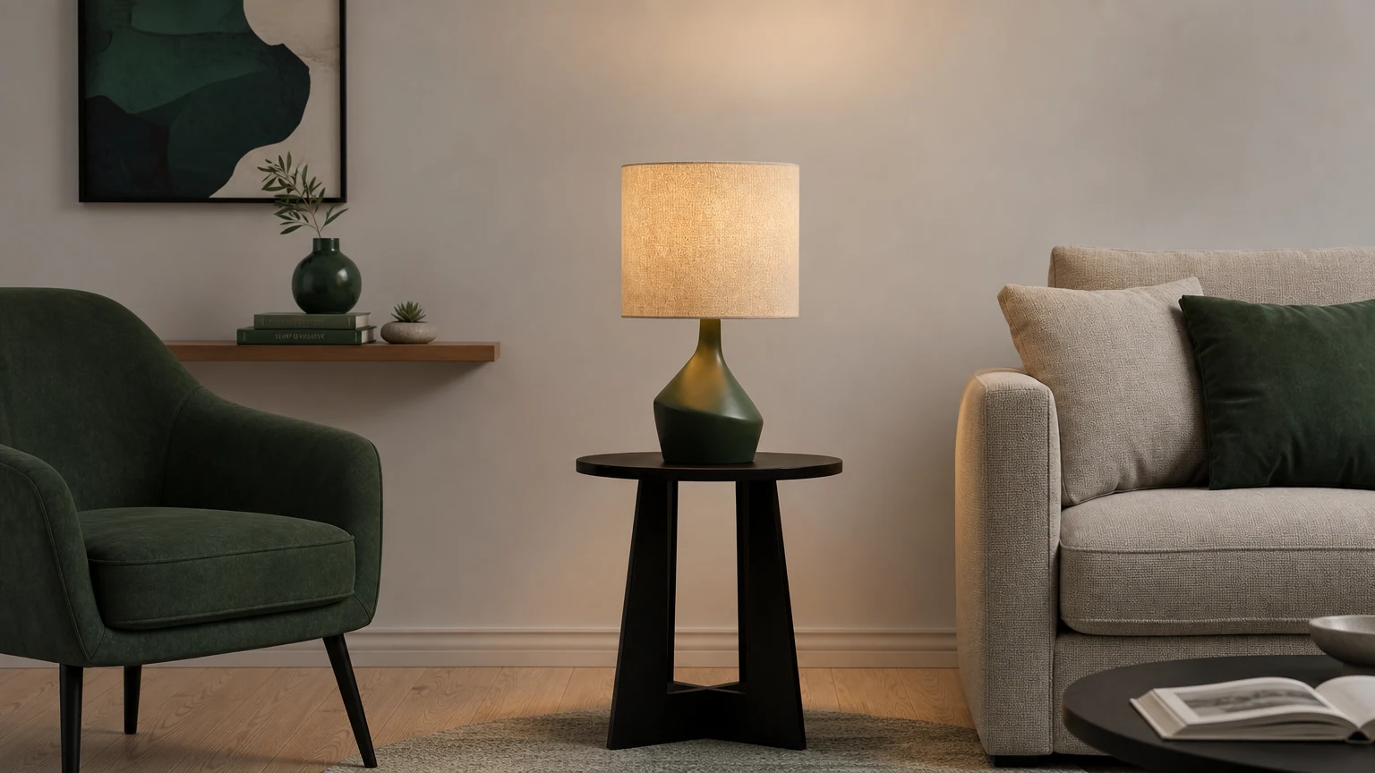 Asymetryczna ceramiczna lampa stołowa Lumo w ciepłej scenerii wnętrza