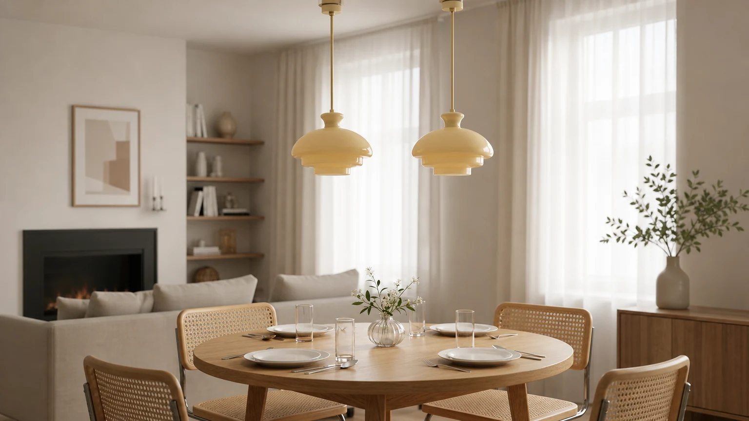 Szklana lampa wisząca HaloVita w ciepłej scenerii salonu