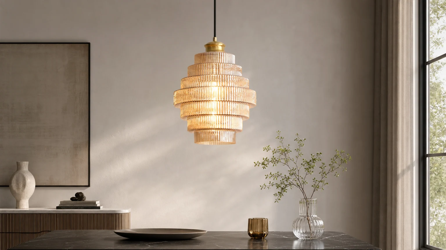 Nowoczesna lampa wisząca z plisowanego szkła pokazana w ciepłej scenie wnętrza